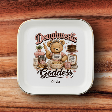 Baking Queen Kitchen Jewelry Dish, Doughmestic Goddess Ring Holder, Personalized Kitchen Decor, Baker Gift, Ceramic Trinket Tray
