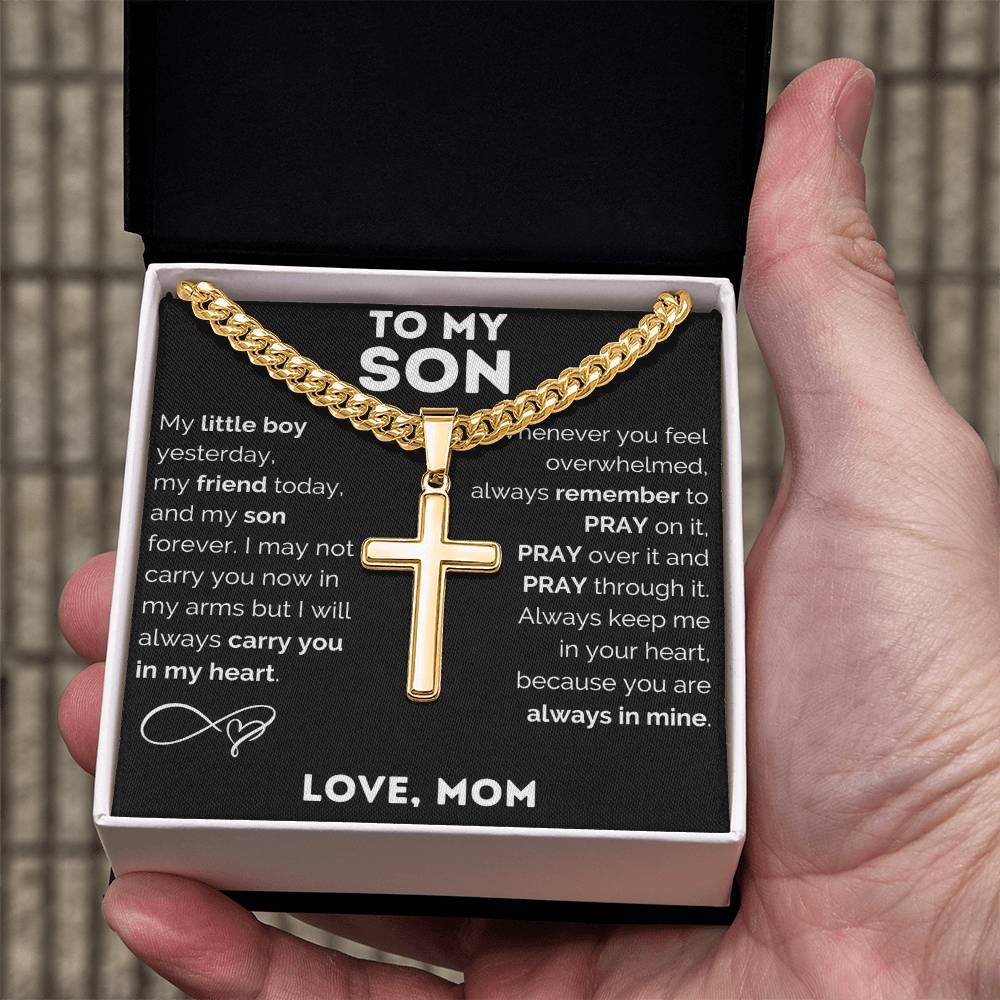 Personalized Cross Necklace, Cuban Link Chain Gift, To My Son Charm, Faith Jewelry, Engraved Pendant, Inspirational Gift Memory