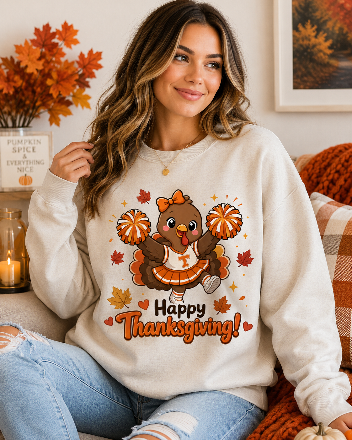 Thanksgiving Cheerleader Sweatshirt, Cheering Turkey Crewneck, Cheer Mom Thanksgiving Shirt, Fall Cheer Gift, Turkey Cheer Sweater