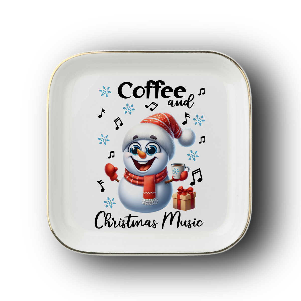 Christmas Music Snowman Jewelry Dish, Coffee and Holiday Music Ring Holder, Festive Winter Jewelry Tray, Christmas Gift Idea for Music Lover