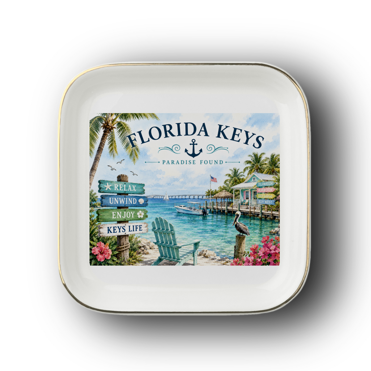 Florida Keys Jewelry Dish, Key West Trinket Tray, Coastal Island Decor, Tropical Beach Souvenir Gift, Gold-Trimmed Ceramic Dish 4.5"