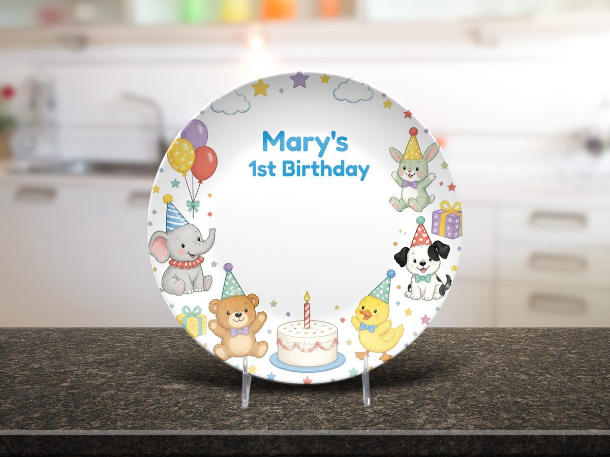 Personalized 1st Birthday Plate, Cute Animal Birthday Party Keepsake, Custom Celebration Decor Gift, 10 Inch UNBREAKABLE Plate– Not Ceramic,