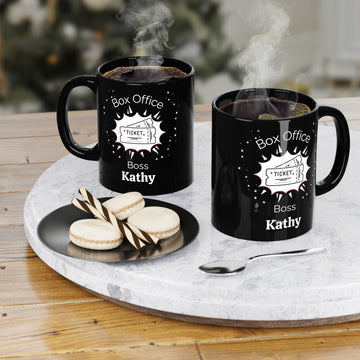 Personalized Box Office Boss Black Coffee Mug– Custom Theater Gift for Drama Teachers, Stage Crew & Box Office Stars