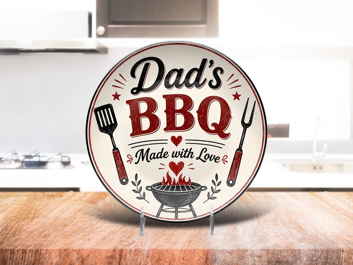 Dad's BBQ Plate, Made with Love Grill Gift, Father's Day Barbecue Serving Plate, Backyard Cookout Dinnerware, Dad Grill Decor Gift