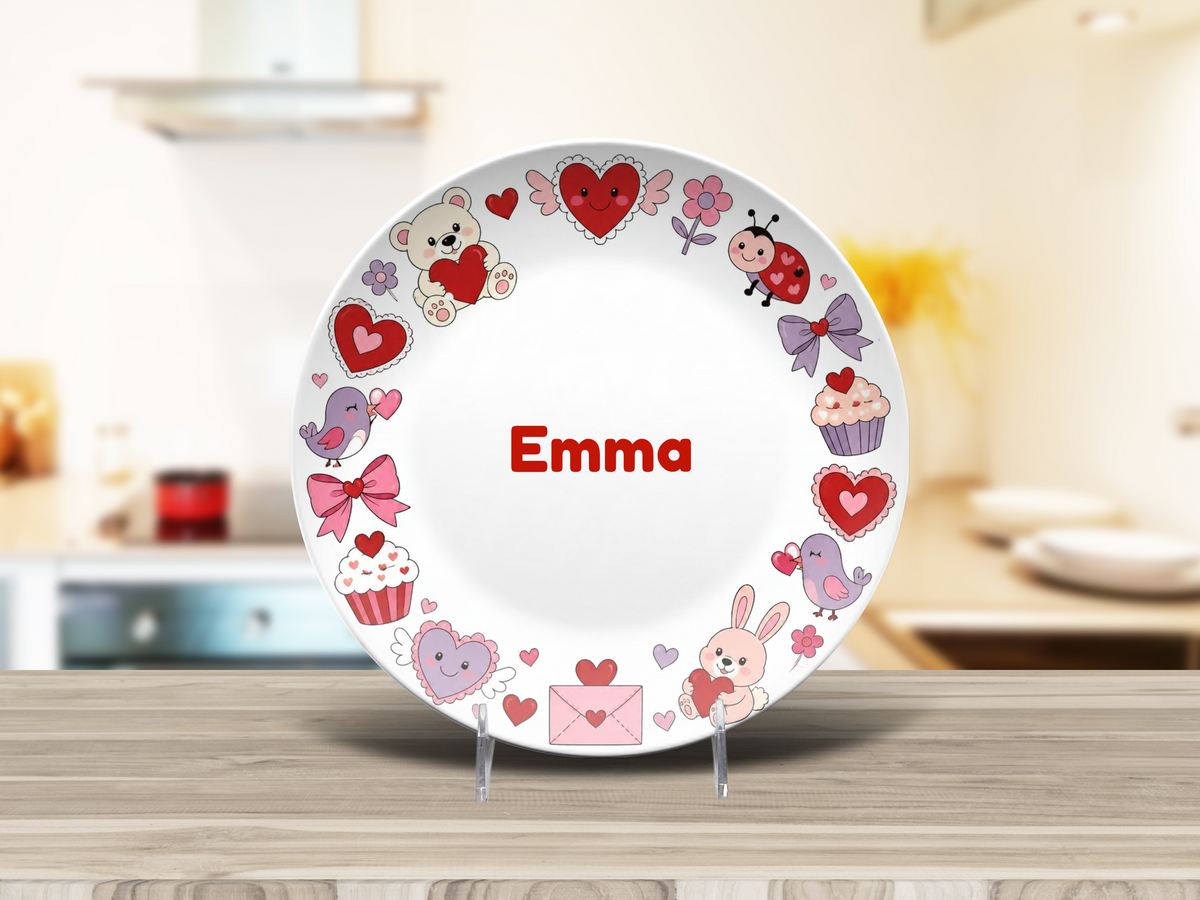 Personalized Valentine Plate, Heart Love Design, UNBREAKABLE – Not Ceramic, 10 Inch Plate, Gift for Valentine’s Day, Kids Custom Plate