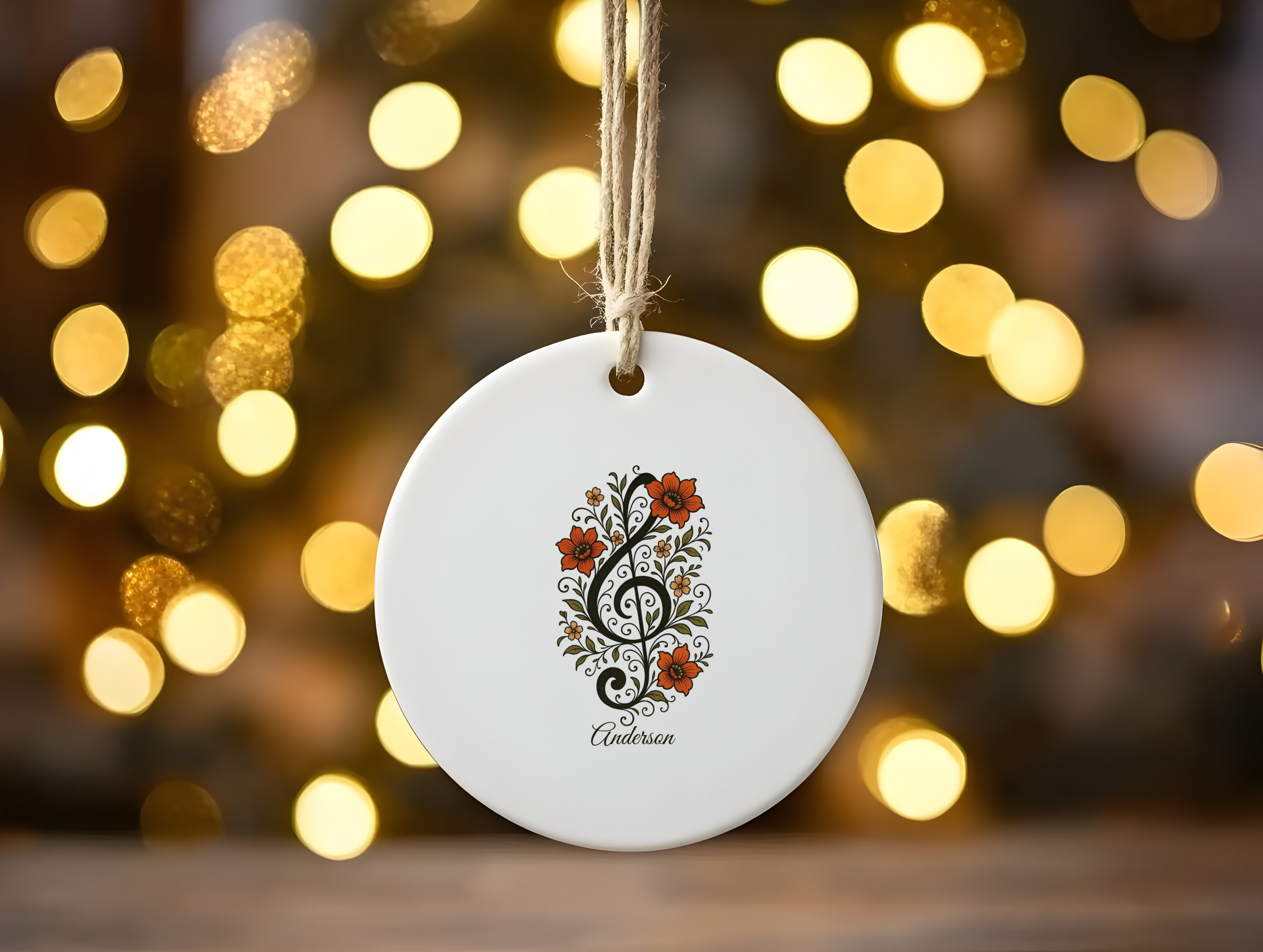 Personalized Treble Clef Floral Ornament – Custom Name 3" Ceramic Christmas Tree Decoration, Music Lover Gift for Singers & Musicians