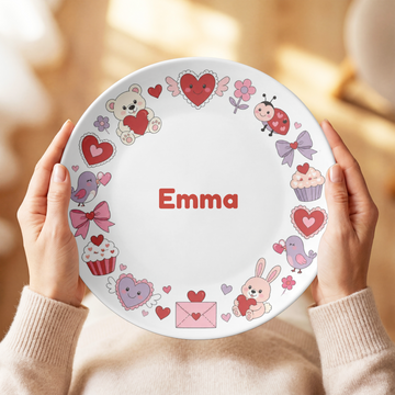 Personalized Valentine Plate, Heart Love Design, UNBREAKABLE – Not Ceramic, 10 Inch Plate, Gift for Valentine’s Day, Kids Custom Plate