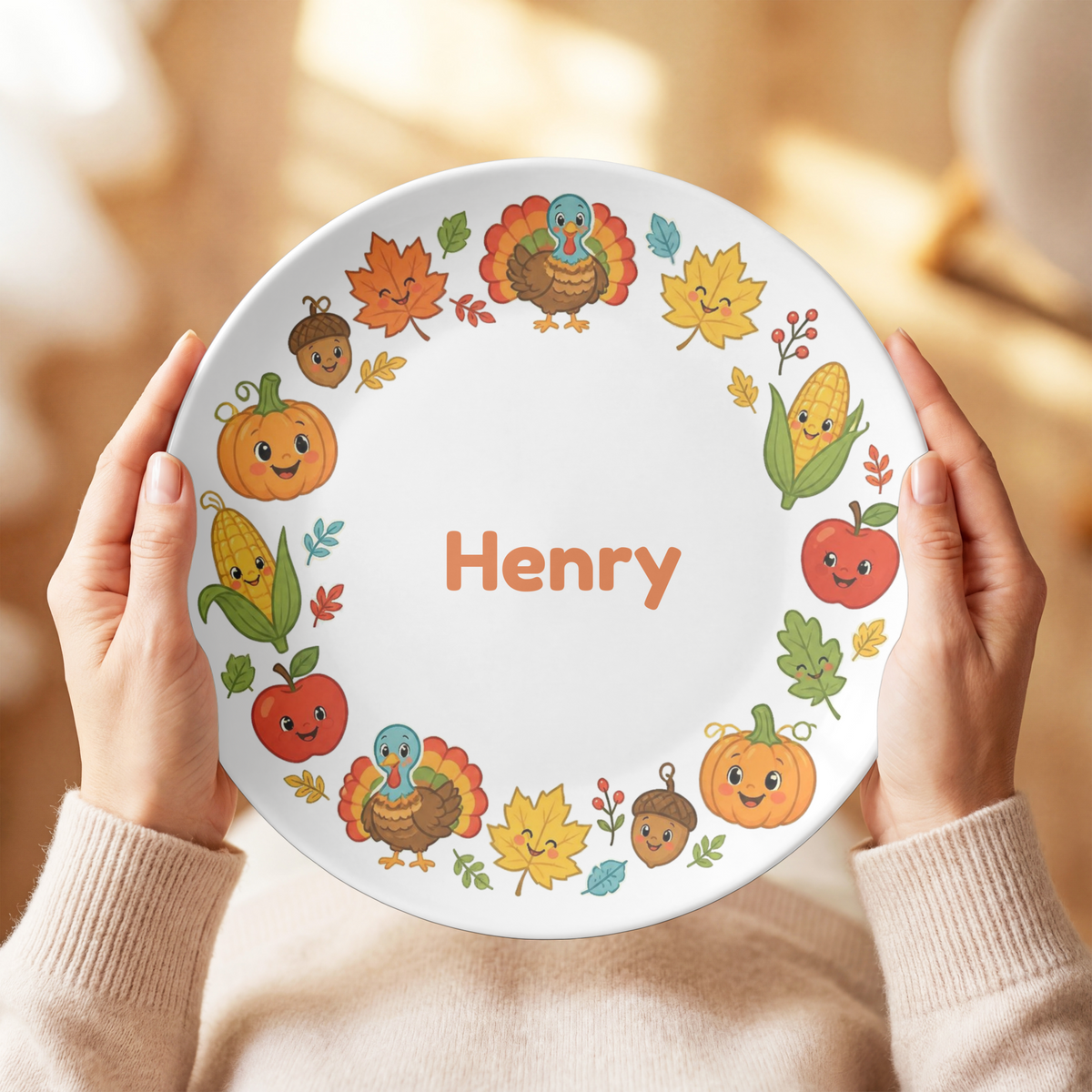 Personalized Thanksgiving Plate for Kids, Custom Name Fall Dinner Plate, Cute Turkey Pumpkin Autumn Plate, Thanksgiving Gift for Children