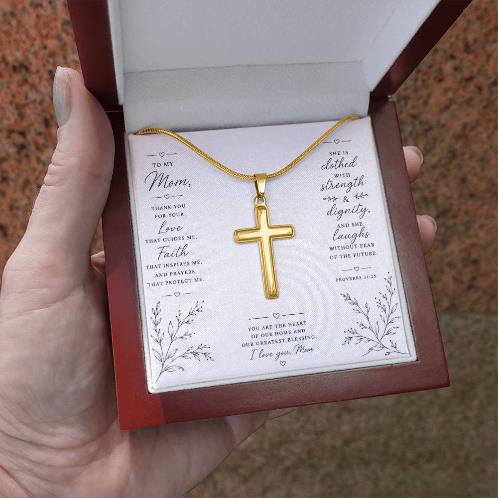 Personalized Cross Necklace for Mom, Christian Faith Jewelry, Mother's Day Gift, Proverbs 31:25 Religious Pendant
