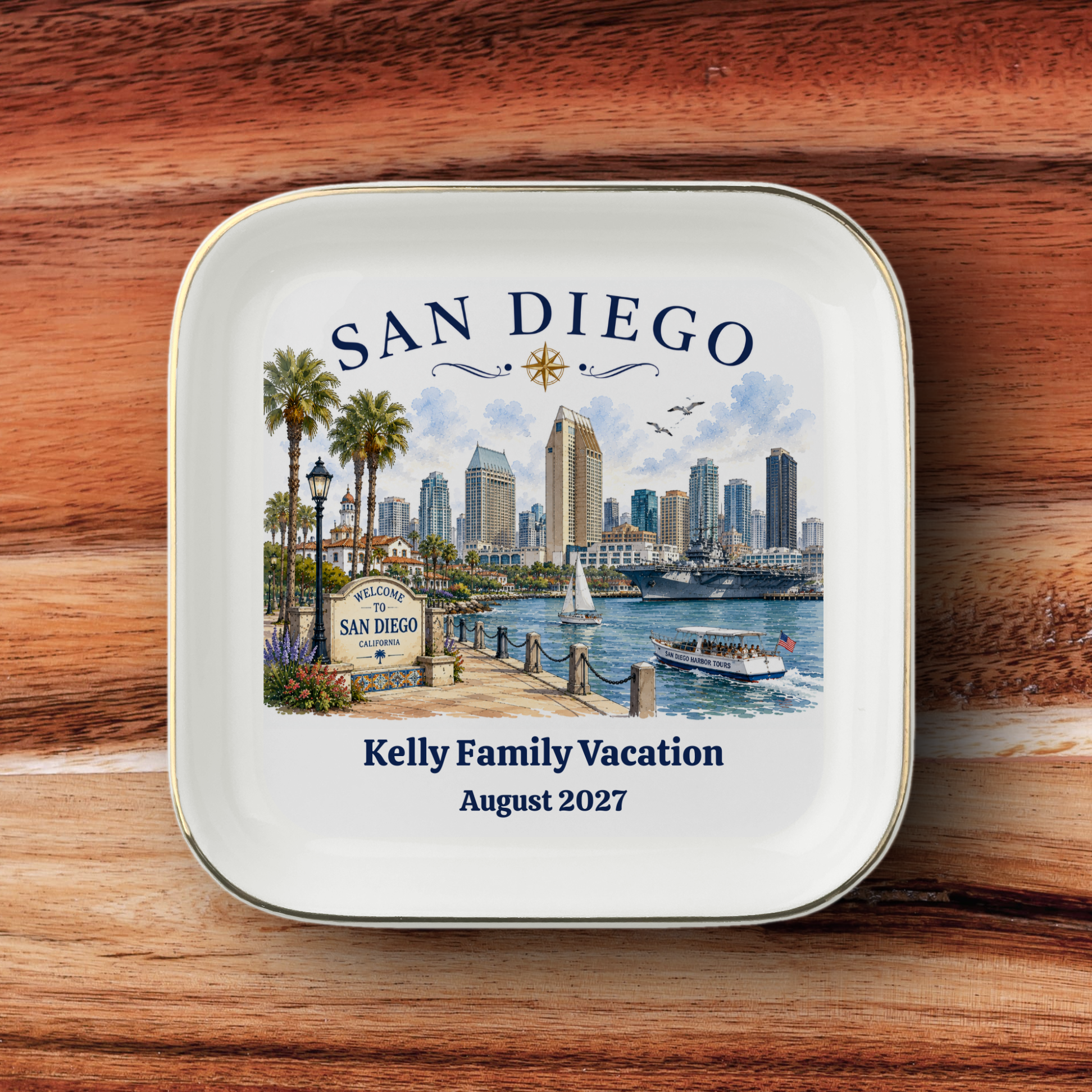 Personalized San Diego Jewelry Dish, California Travel Keepsake, Harbor Skyline Trinket Tray, Coastal Souvenir Gift, Gold Trim Ceramic Dish