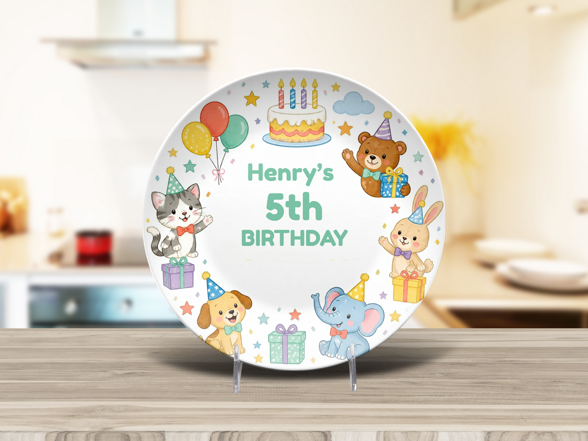 5th Birthday Plate, Personalized Kids Birthday Party Decoration, Bear, Bunny, Cat, Puppy & Elephant Design, UNBREAKABLE – Not Ceramic
