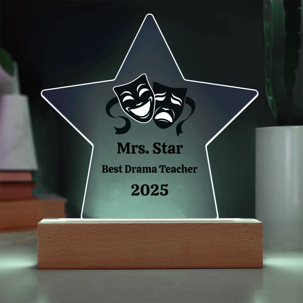 Personalized Acrylic Star Award – Custom Theater Masks Plaque for Teachers, Students, or Performers
