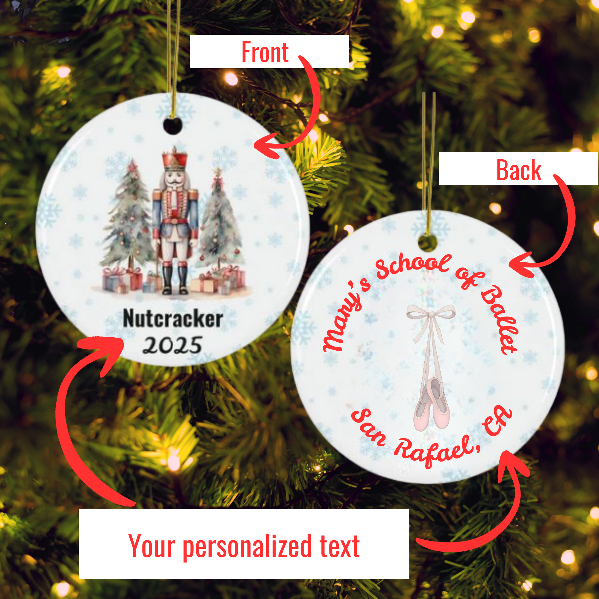 Personalized Nutcracker Ballet Christmas Ornament – Double-Sided - Christmas Tree Decoration, Ballet Fundraiser, (1pc, 3pcs, 5pcs, 10pcs)