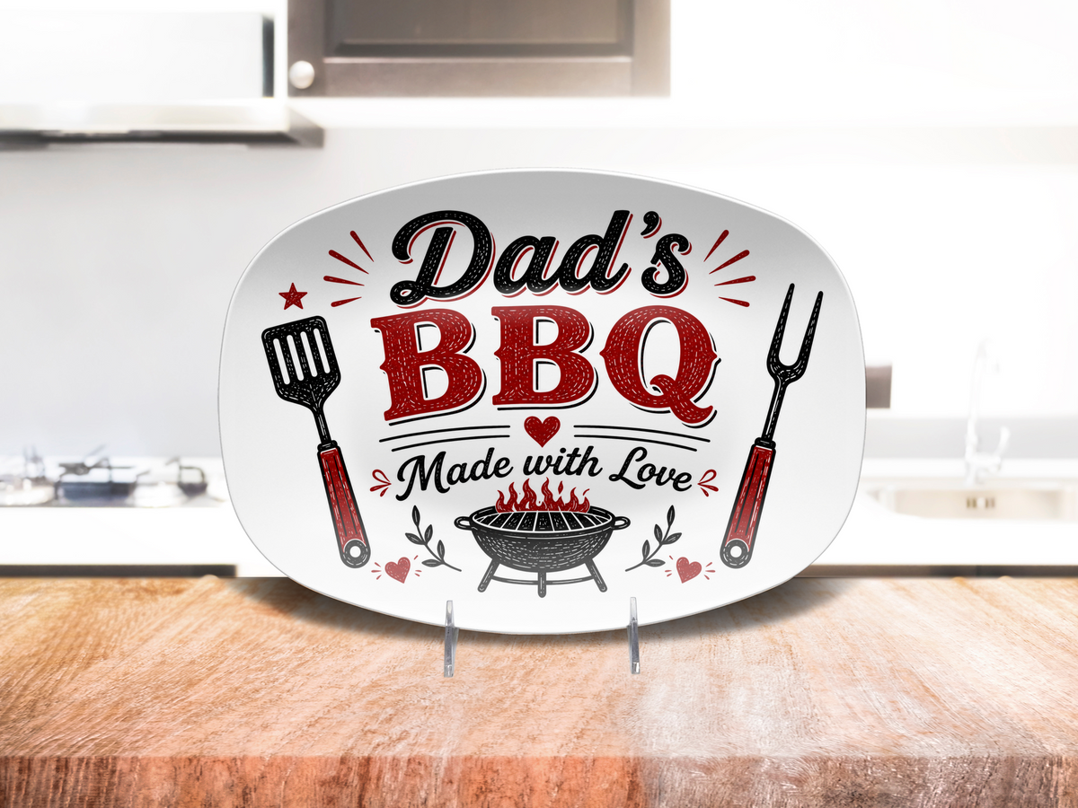 Dad's BBQ Serving Platter, Made With Love Grill Gift, Father's Day Barbecue Entertaining Tray, Oval Outdoor Cookout Table Decor Gift