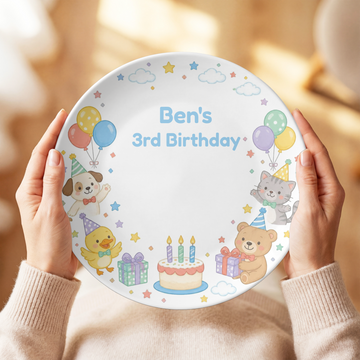 3rd Birthday Plate, Personalized Kids Party Gift, Animal Birthday Keepsake, Plate With Optional Stand, UNBREAKABLE – Not Ceramic