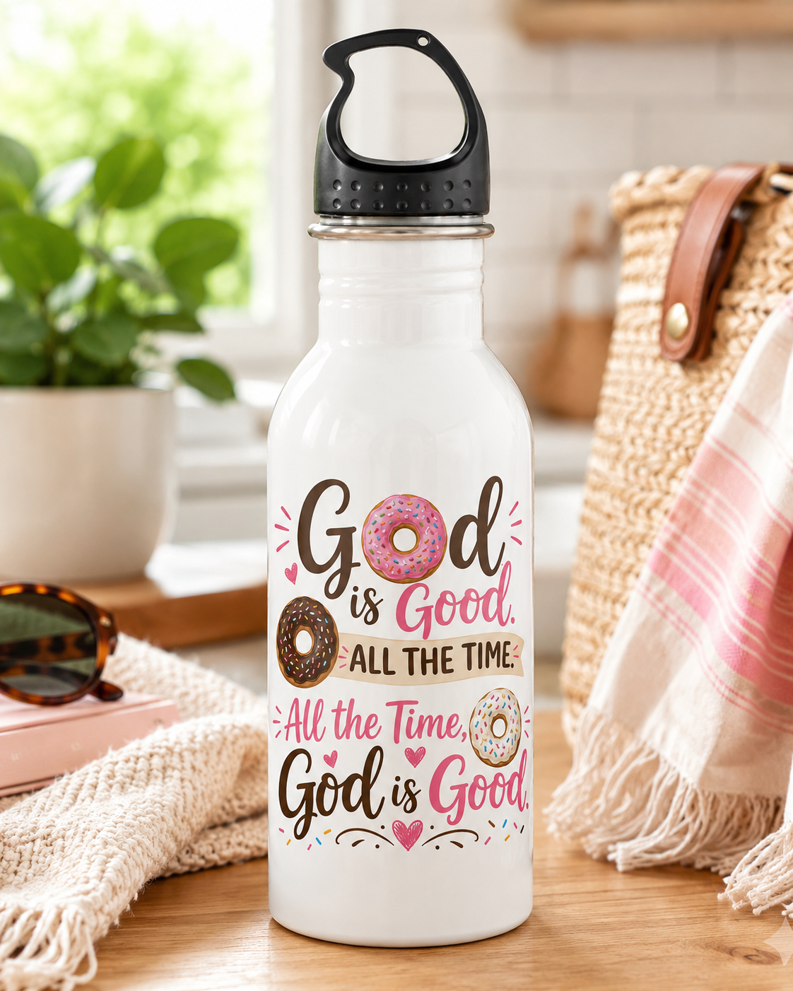 God Is Good. Donuts Are a Bonus!, Funny Christian Water Bottle, Funny Christian Faith Gift,  20oz Stainless Steel Bottle with Black Cap