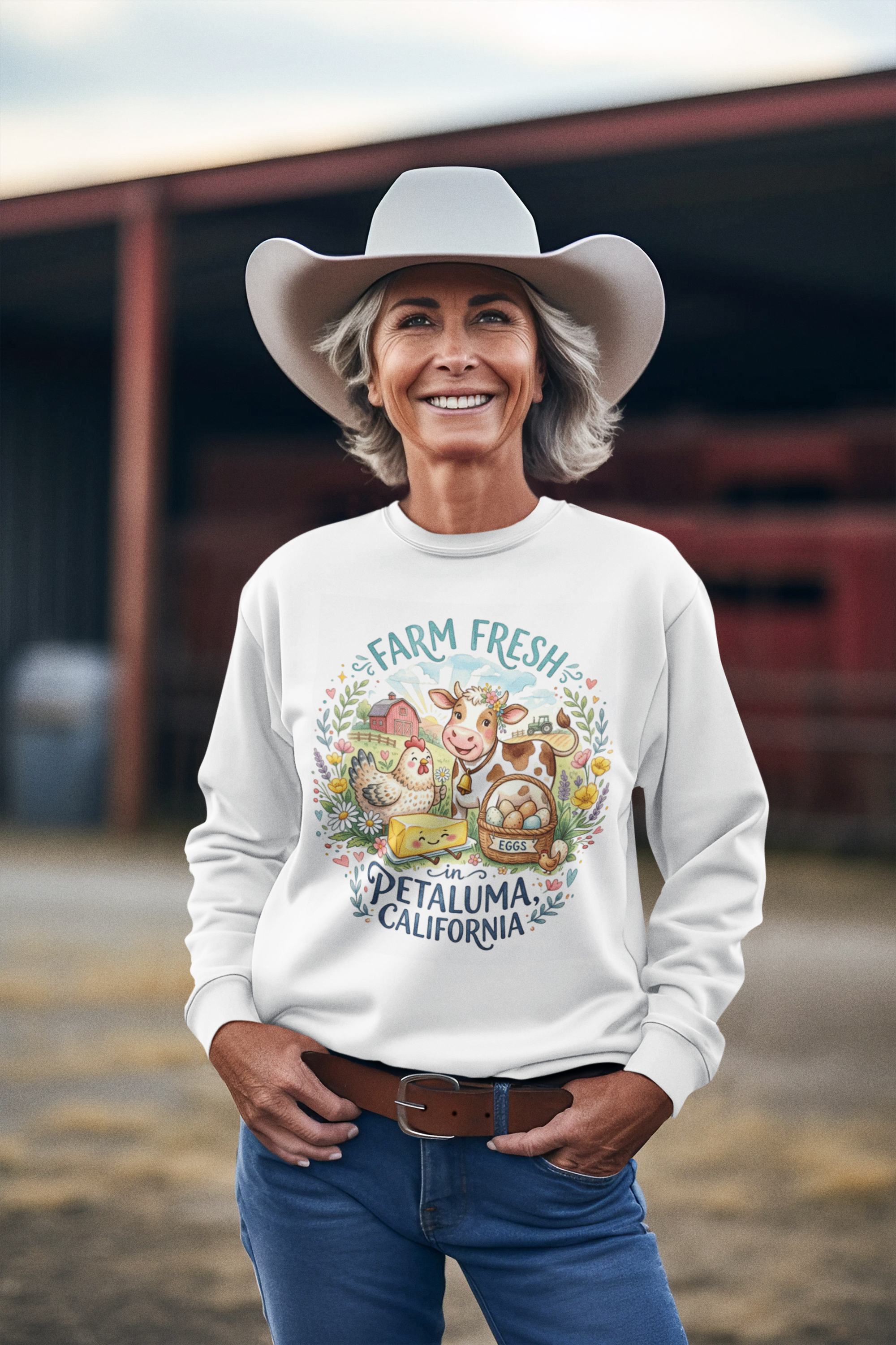 Farm Fresh Crewneck Sweatshirt, Rustic Country Style Sweatshirt, Petaluma California Gift, Cozy 100% Cotton Sweater, Cow Chicken Design