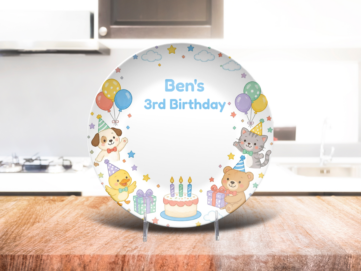 3rd Birthday Plate, Personalized Kids Party Gift, Animal Birthday Keepsake, Plate With Optional Stand, UNBREAKABLE – Not Ceramic