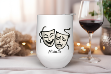 Theater Mask Art Wine Tumbler – 12oz Personalized Stainless Steel Cup, Insulated Gift for Drama Lovers, Actors & Stage Crew