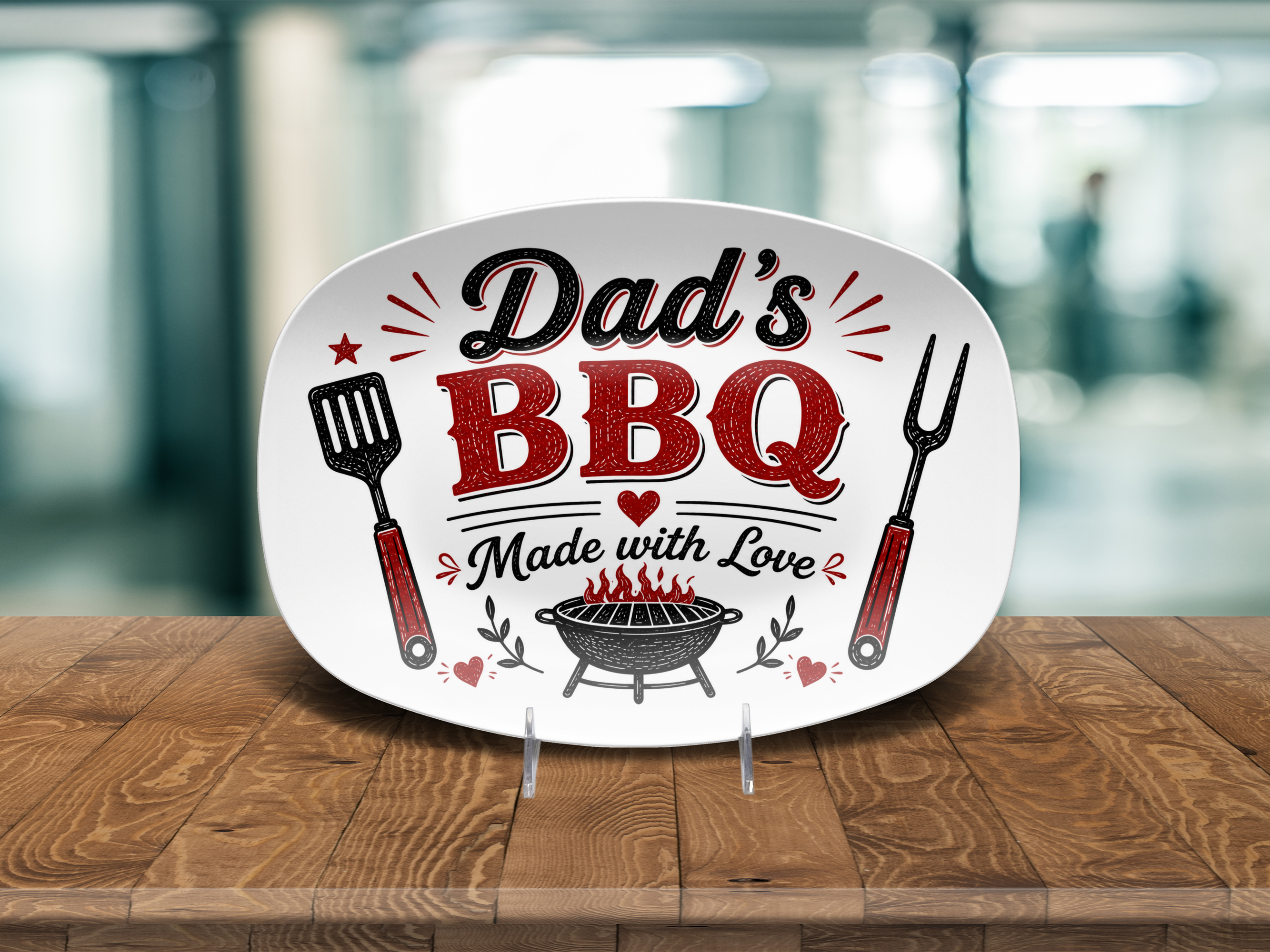 Dad's BBQ Serving Platter, Made With Love Grill Gift, Father's Day Barbecue Entertaining Tray, Oval Outdoor Cookout Table Decor Gift