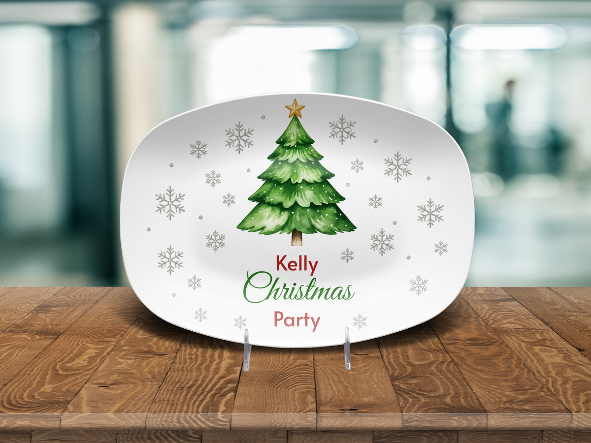 Personalized Christmas Party Platter, Custom Holiday Serving Tray with Christmas Tree and Snowflakes, Festive Hostess Gift Decor