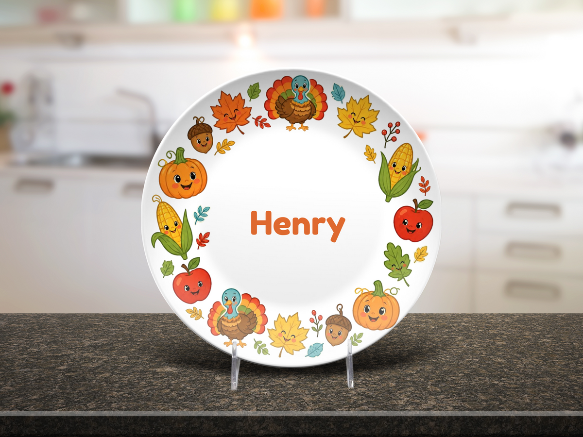 Personalized Thanksgiving Plate for Kids, Custom Name Fall Dinner Plate, Cute Turkey Pumpkin Autumn Plate, Thanksgiving Gift for Children