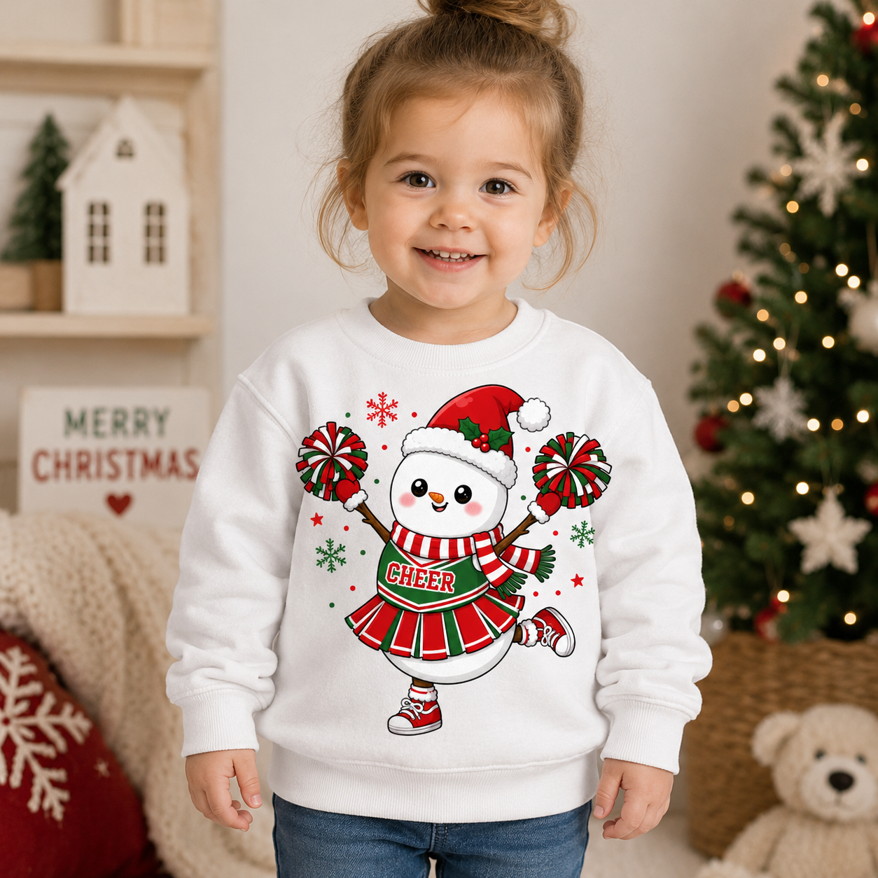 Toddler Christmas Cheerleader Snowman Sweatshirt, Cute Holiday Cheer Crewneck, Festive Winter Cheer Gift
