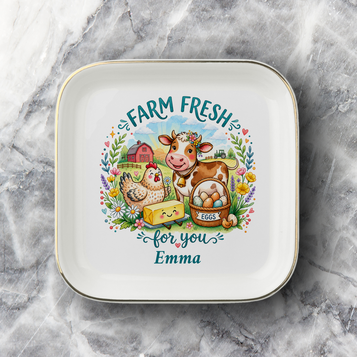 Farm Fresh Jewelry Dish, Personalized Farmhouse Trinket Tray, Cow and Chicken Keepsake Gift, Country Decor, Ceramic Ring Dish