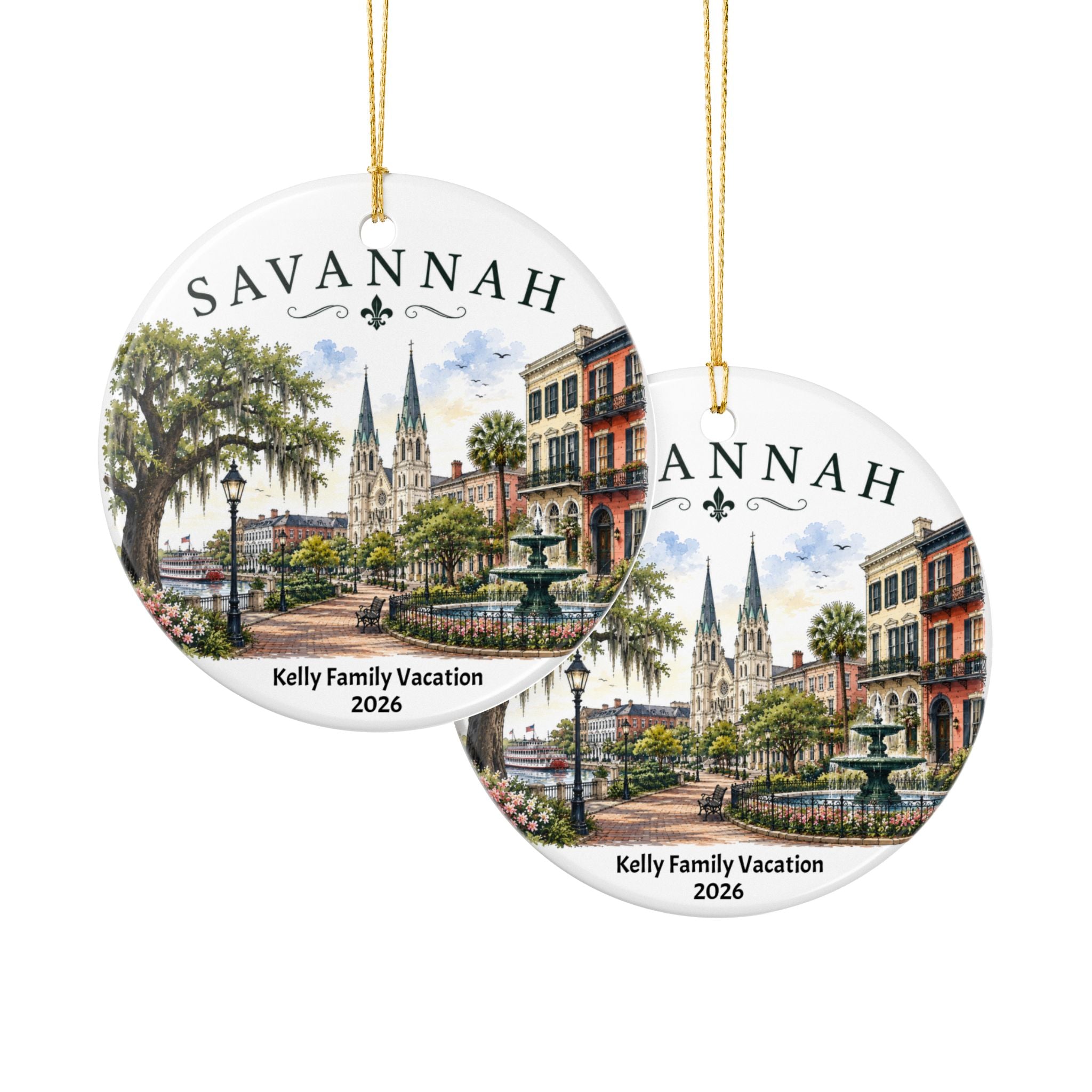 Personalized Family Vacation Savannah Scene Ornament, Ceramic Christmas Decoration, Historic Savannah Keepsake, Gift Box Optional