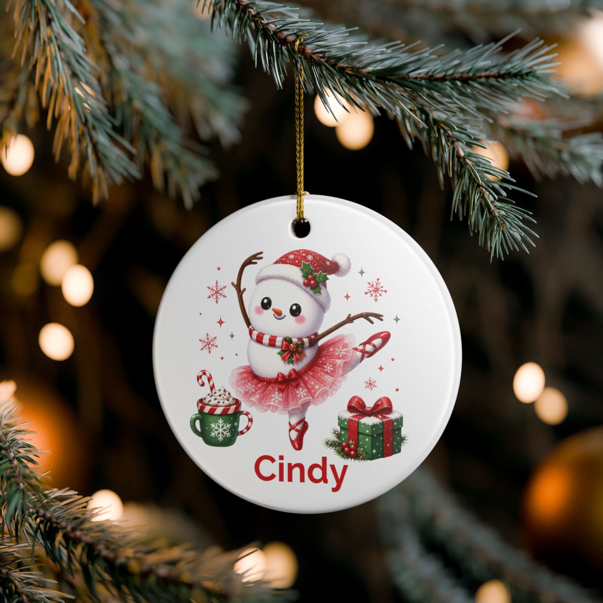 Personalized Ballet Snowman Ornament, Custom Name Christmas Keepsake, Double-Sided Ceramic, Ballet Dancer Gift Decoration, Gift Box Optional