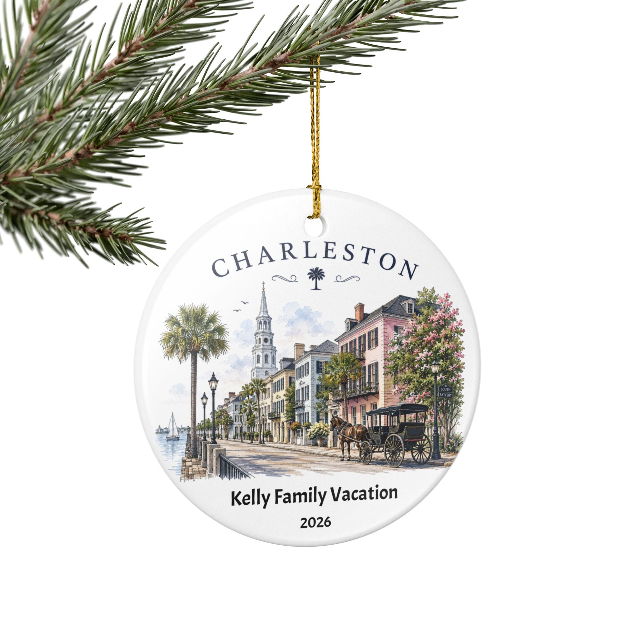 Personalized Charleston Family Vacation Ornament, Custom Name Christmas Ornament, Double-Sided Travel Keepsake Gift