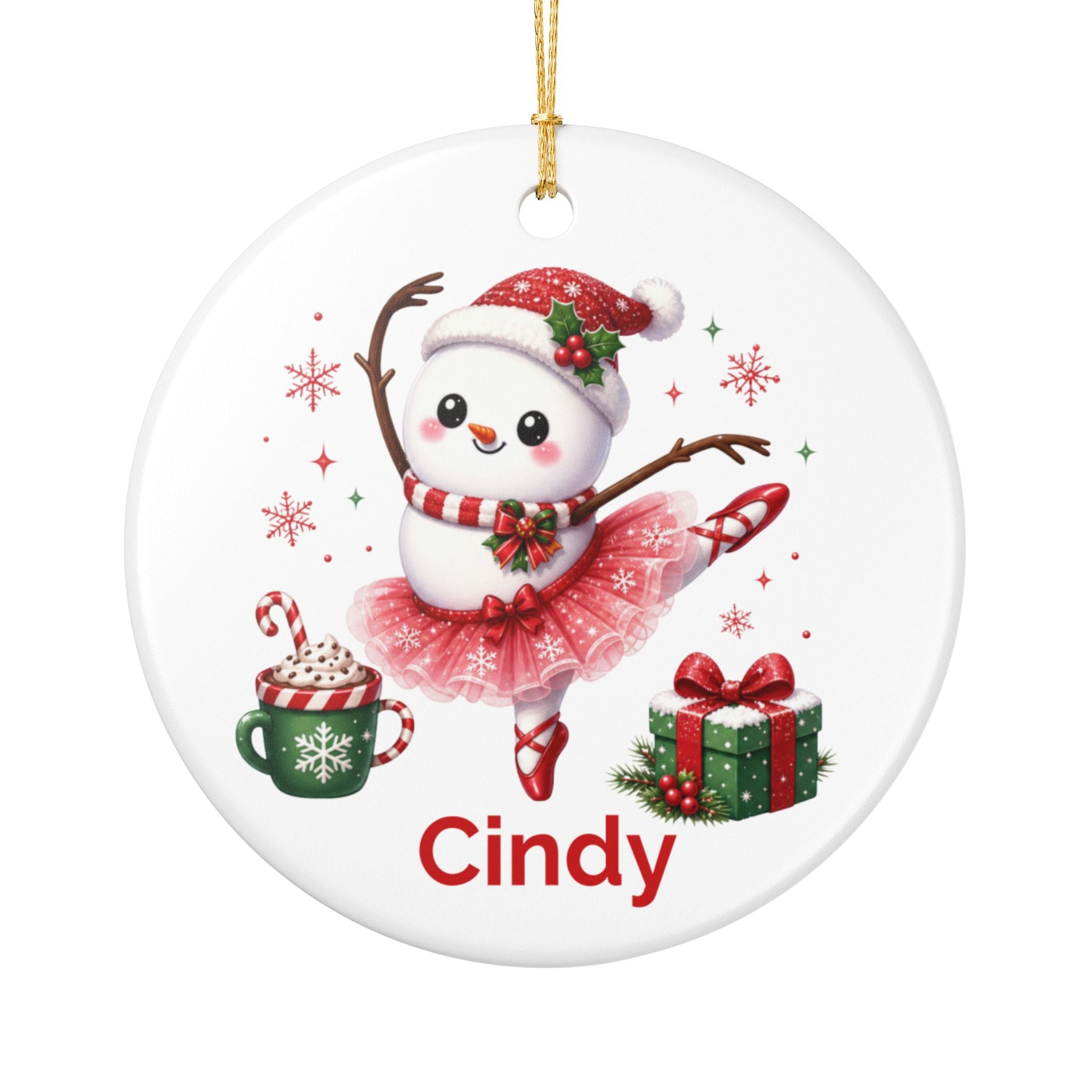 Personalized Ballet Snowman Ornament, Custom Name Christmas Keepsake, Double-Sided Ceramic, Ballet Dancer Gift Decoration, Gift Box Optional