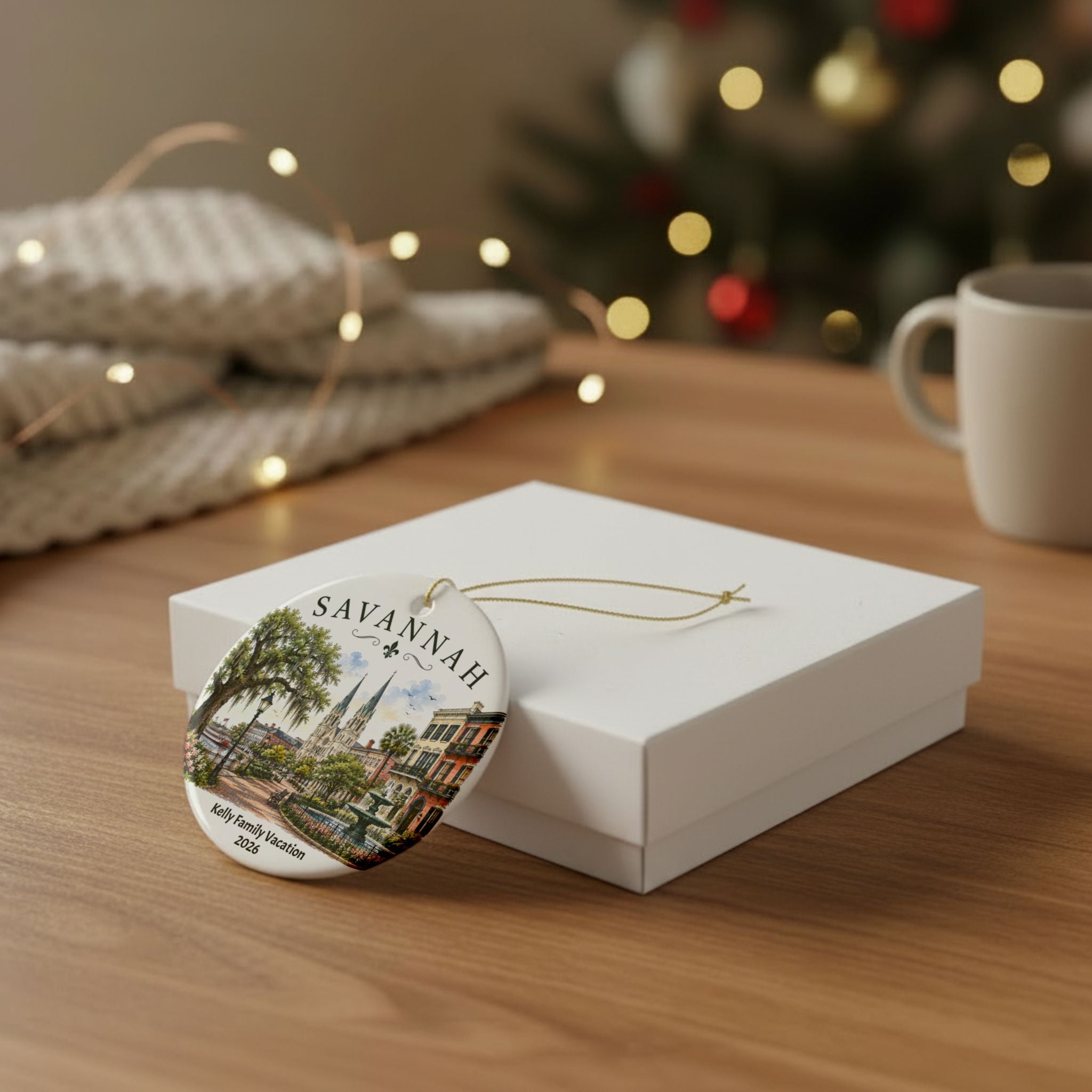 Personalized Family Vacation Savannah Scene Ornament, Ceramic Christmas Decoration, Historic Savannah Keepsake, Gift Box Optional