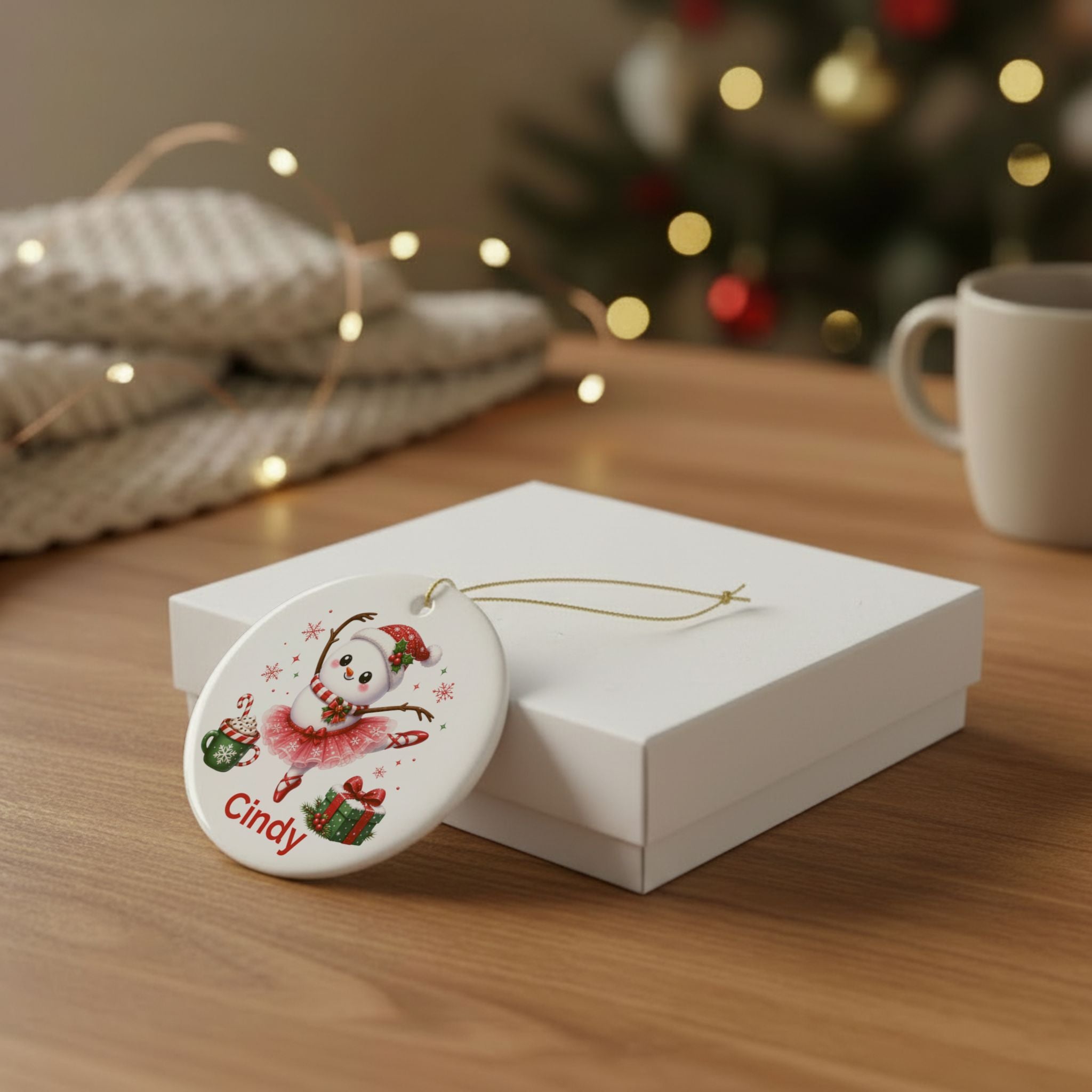 Personalized Ballet Snowman Ornament, Custom Name Christmas Keepsake, Double-Sided Ceramic, Ballet Dancer Gift Decoration, Gift Box Optional