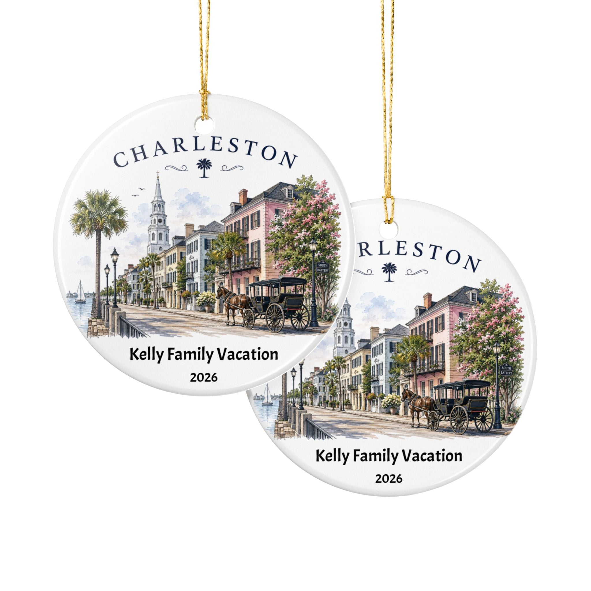 Personalized Charleston Family Vacation Ornament, Custom Name Christmas Ornament, Double-Sided Travel Keepsake Gift