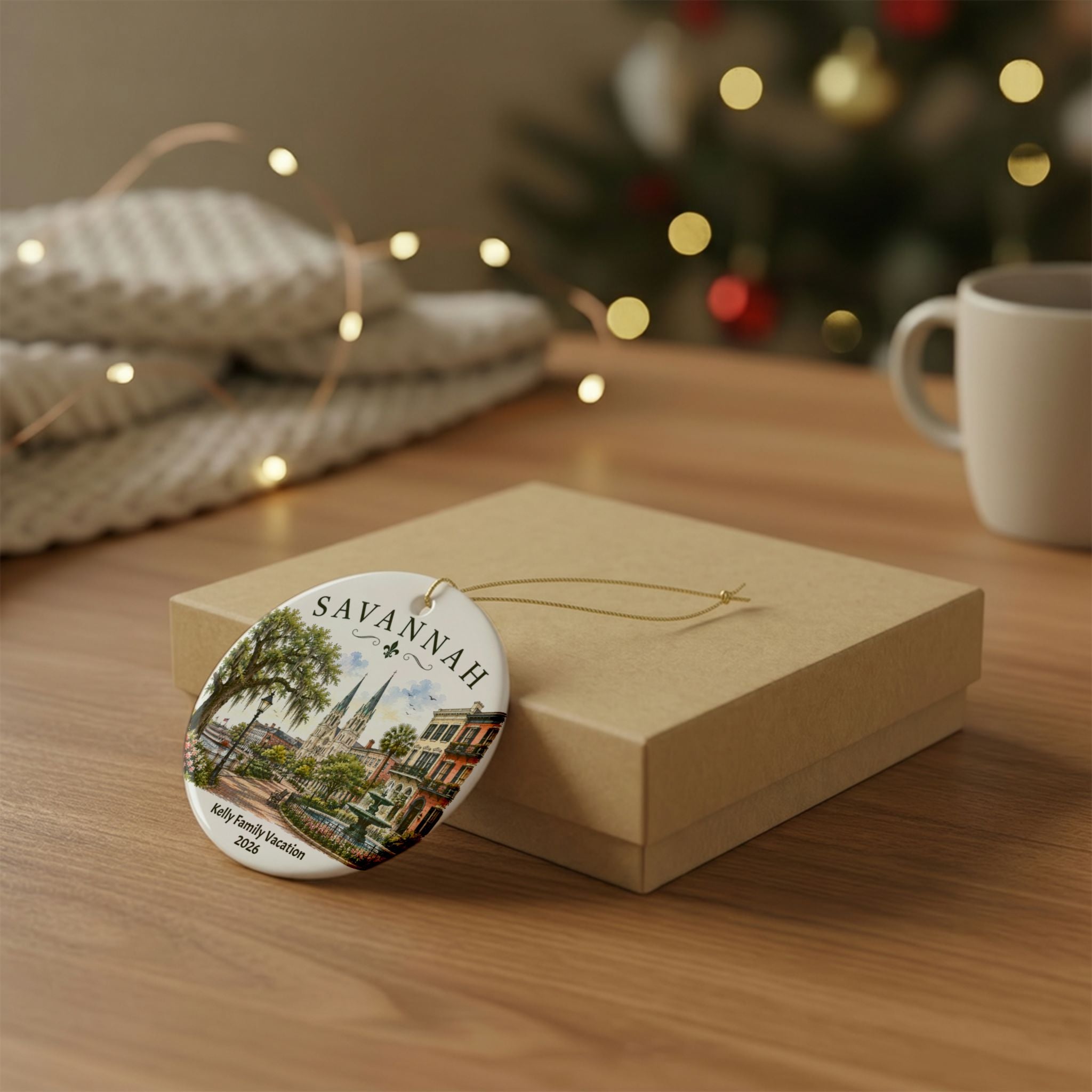 Personalized Family Vacation Savannah Scene Ornament, Ceramic Christmas Decoration, Historic Savannah Keepsake, Gift Box Optional