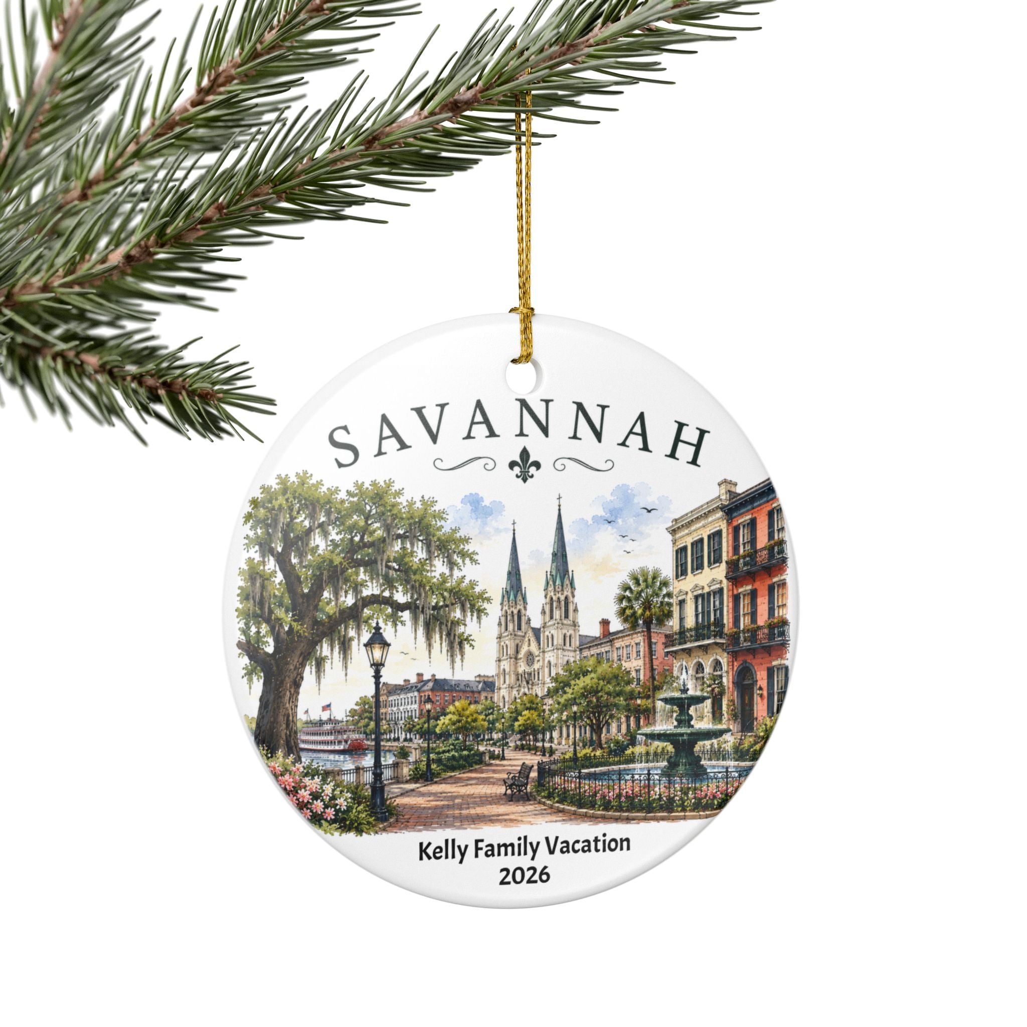 Personalized Family Vacation Savannah Scene Ornament, Ceramic Christmas Decoration, Historic Savannah Keepsake, Gift Box Optional