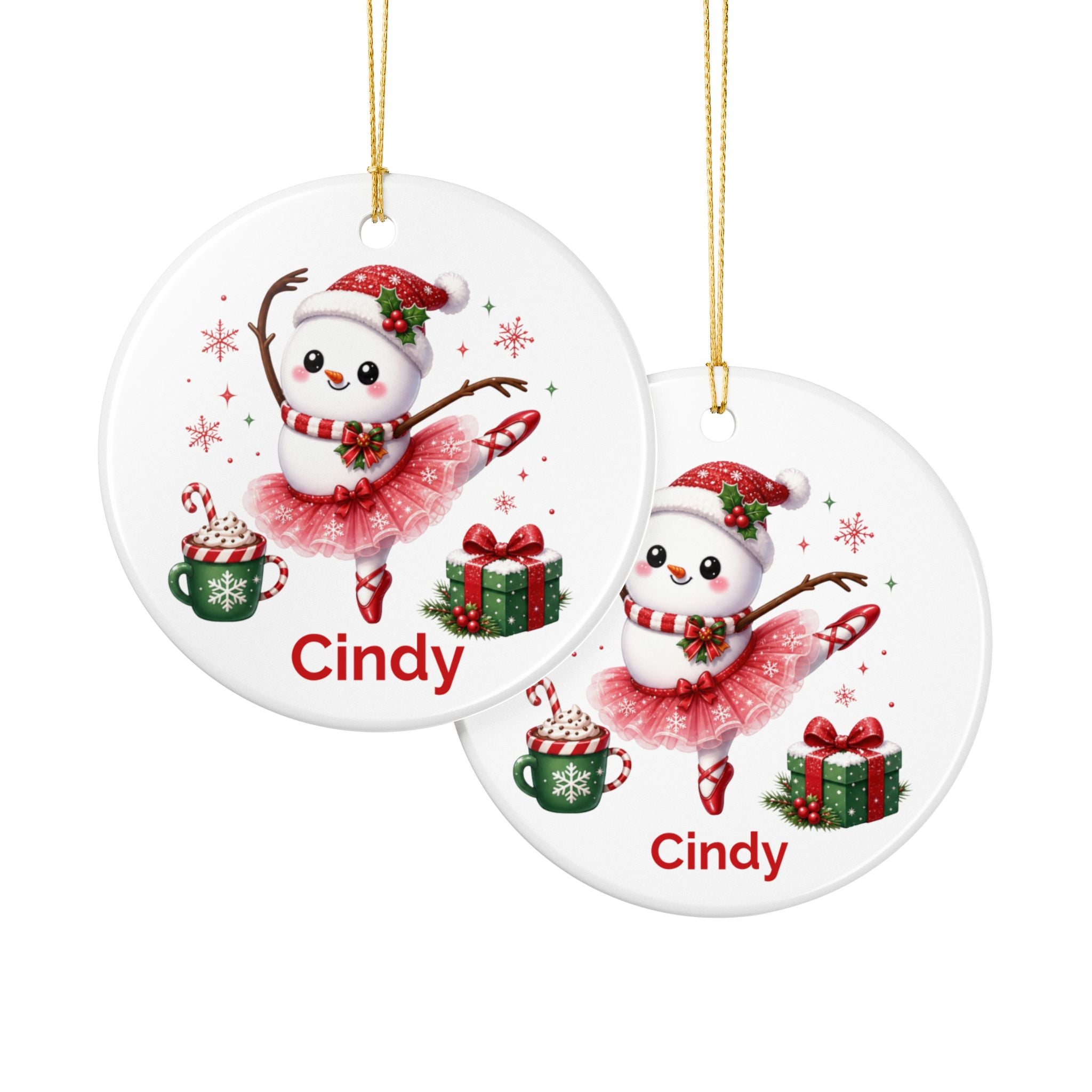 Personalized Ballet Snowman Ornament, Custom Name Christmas Keepsake, Double-Sided Ceramic, Ballet Dancer Gift Decoration, Gift Box Optional