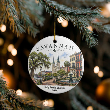 Personalized Family Vacation Savannah Scene Ornament, Ceramic Christmas Decoration, Historic Savannah Keepsake, Gift Box Optional