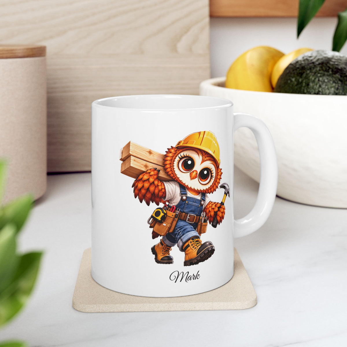 Personalized Carpenter Owl Coffee Mug, Woodworker Gift, Construction Worker Mug, Handyman Gift, Owl Lover Gift,  11 oz and 15 oz