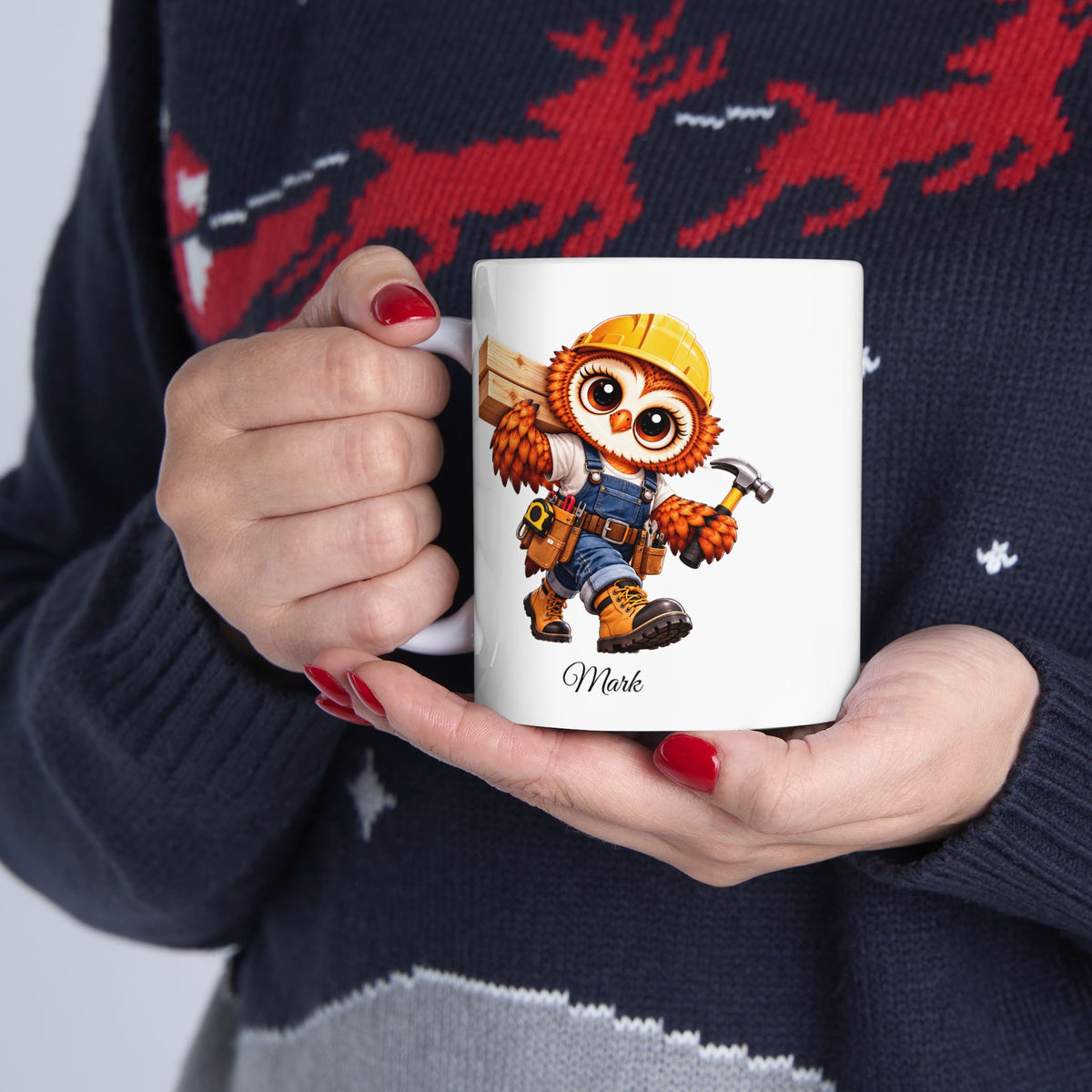 Personalized Carpenter Owl Coffee Mug, Woodworker Gift, Construction Worker Mug, Handyman Gift, Owl Lover Gift,  11 oz and 15 oz