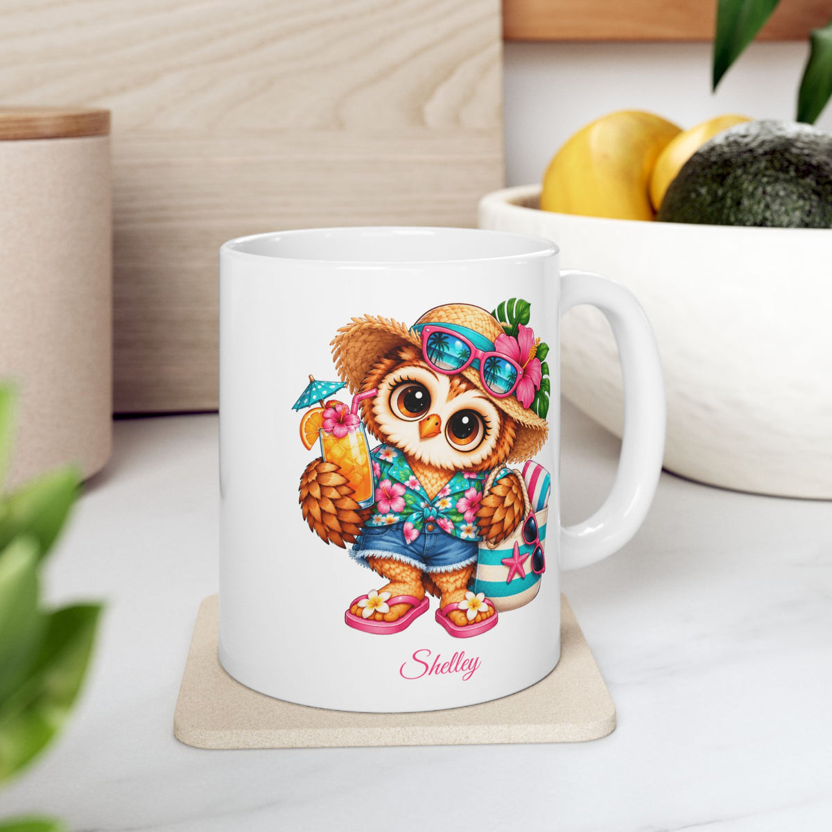 Beach Owl Coffee Mug, Tropical Owl Gift, Summer Bird Lover Mug, Cute Vacation Coffee Cup, Owl Lover Gift, 11oz or 15oz