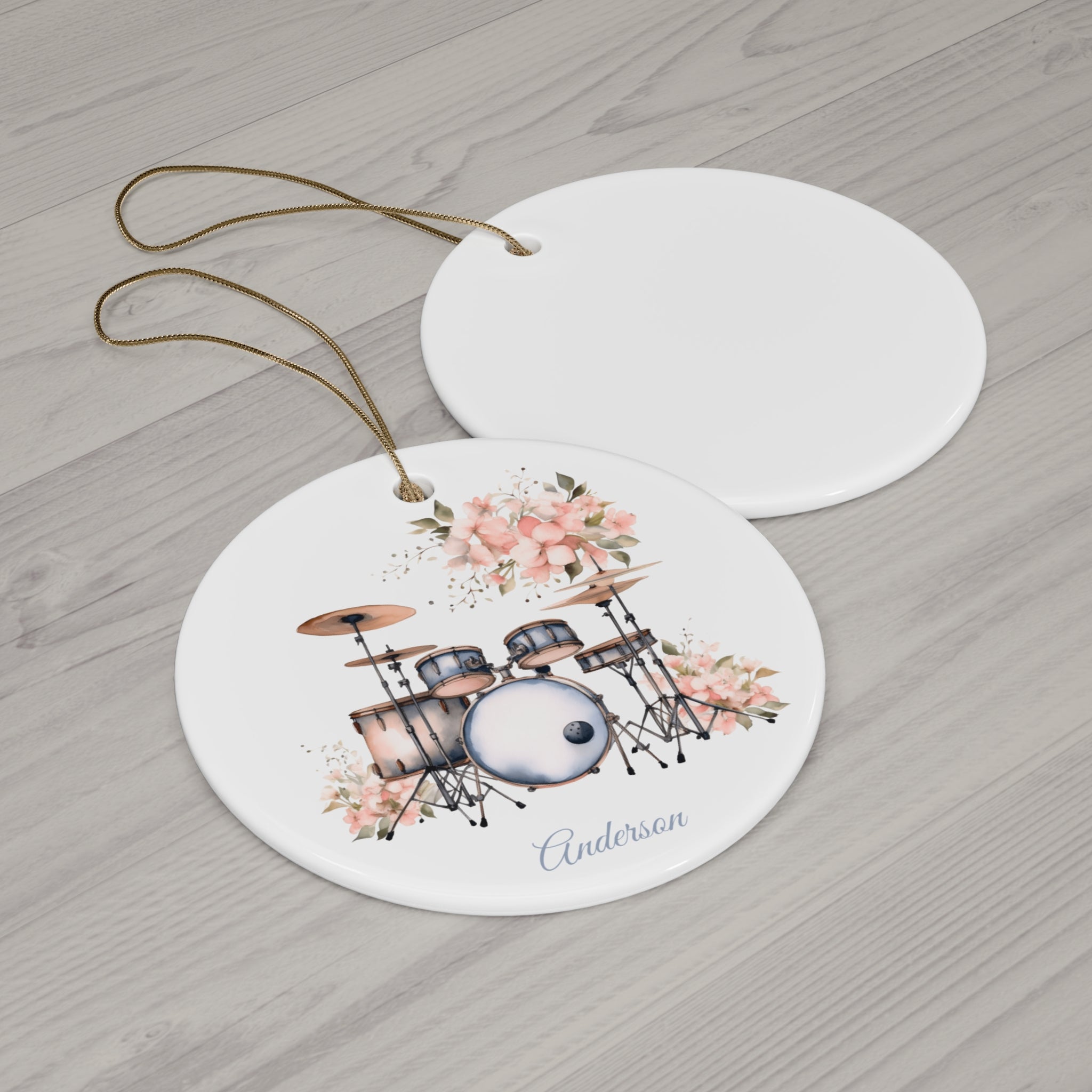 Personalized Drum Set Ornament – Custom Name Ceramic Christmas Tree Decoration, Gift for Drummer, Band Student, or Music Teacher