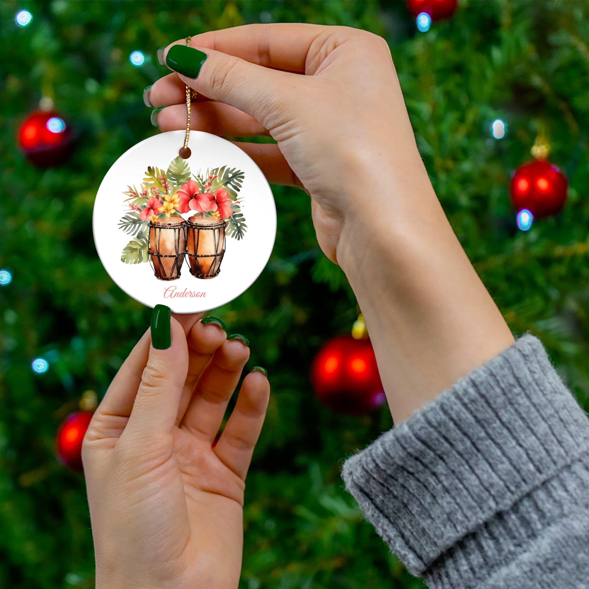 Personalized Bongo Drum Ornament – Custom Name Ceramic Christmas Tree Decoration, Music Lover Gift for Drummer or Percussionist
