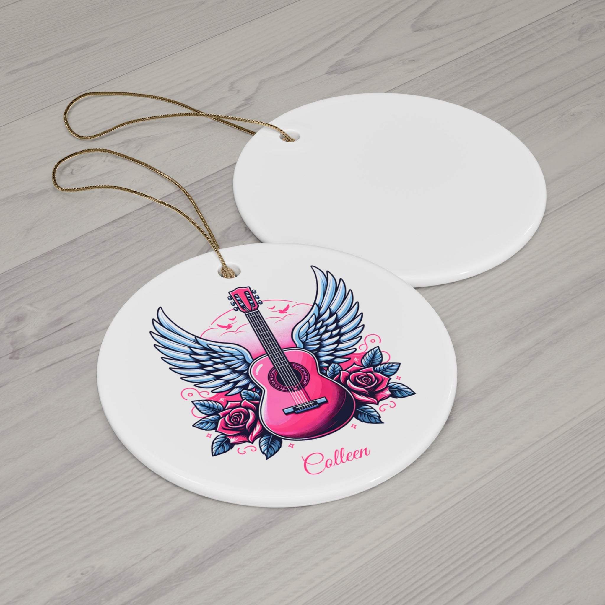 Personalized Pink Guitar Ornament with Wings & Roses – Custom Name 3" Ceramic Christmas Tree Decoration, Music Lover or Guitarist Gift