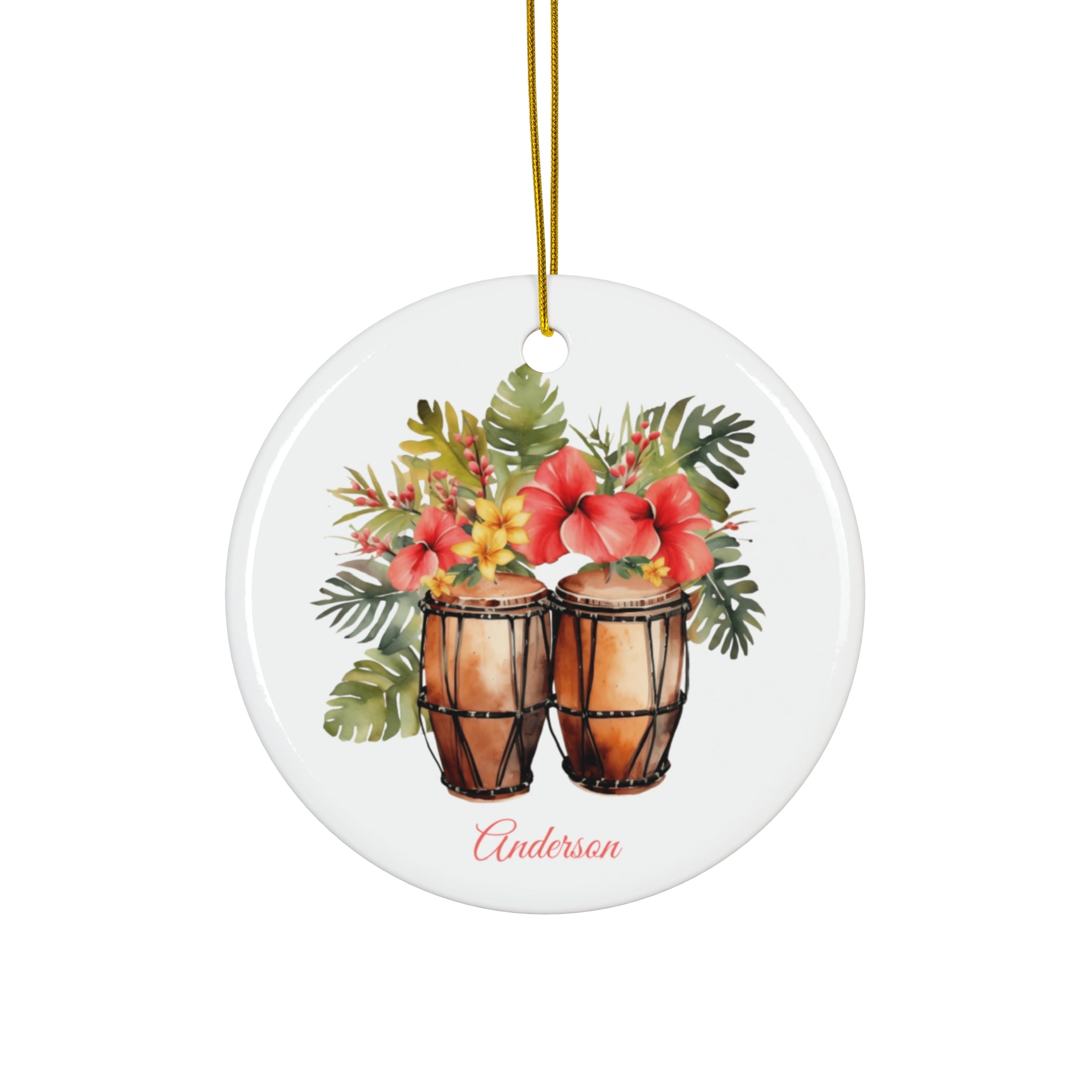 Personalized Bongo Drum Ornament – Custom Name Ceramic Christmas Tree Decoration, Music Lover Gift for Drummer or Percussionist