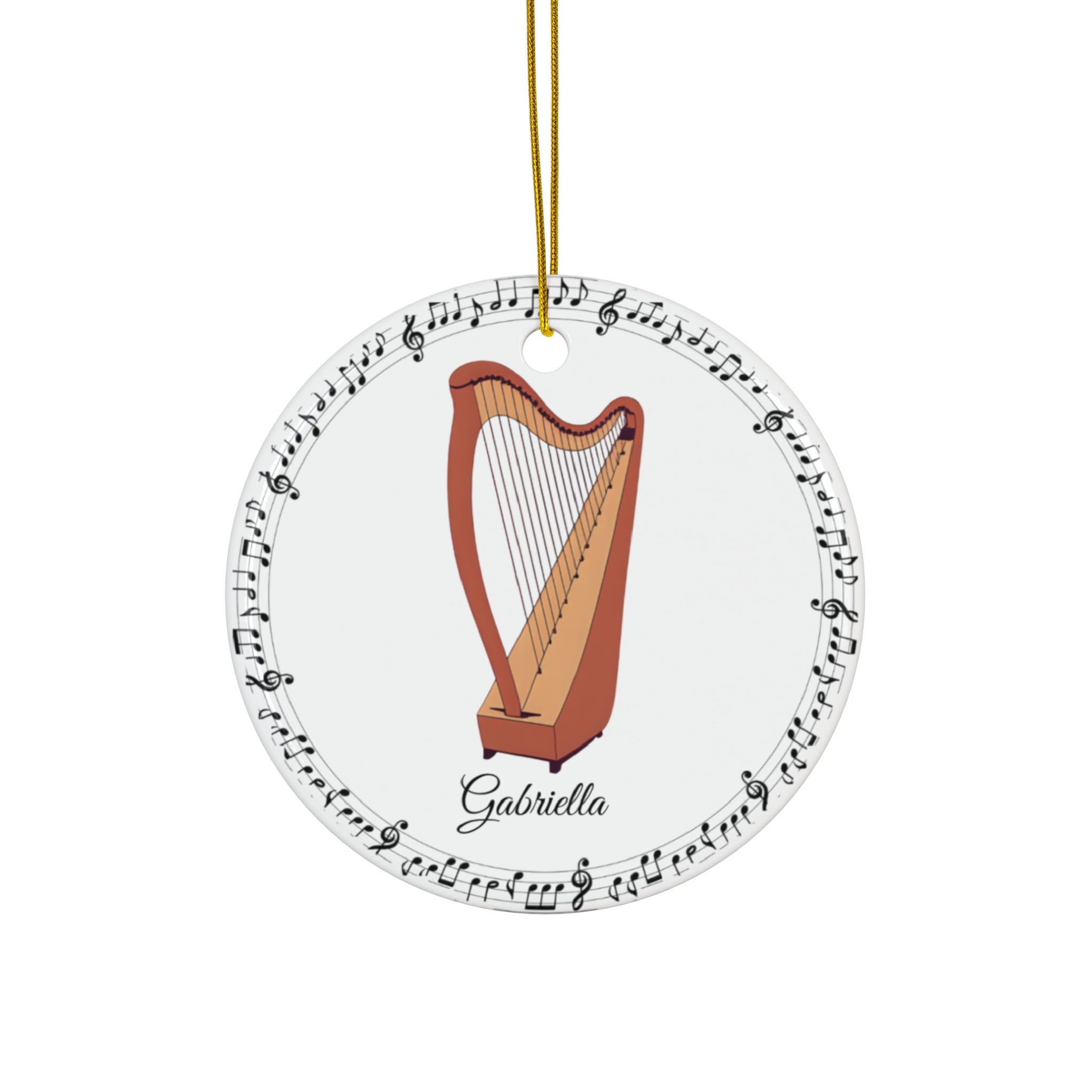 Custom Harp Ornament with Name – Personalized Ceramic Christmas Decoration, Gift for Harp Player, Orchestra Student, or Music Teacher