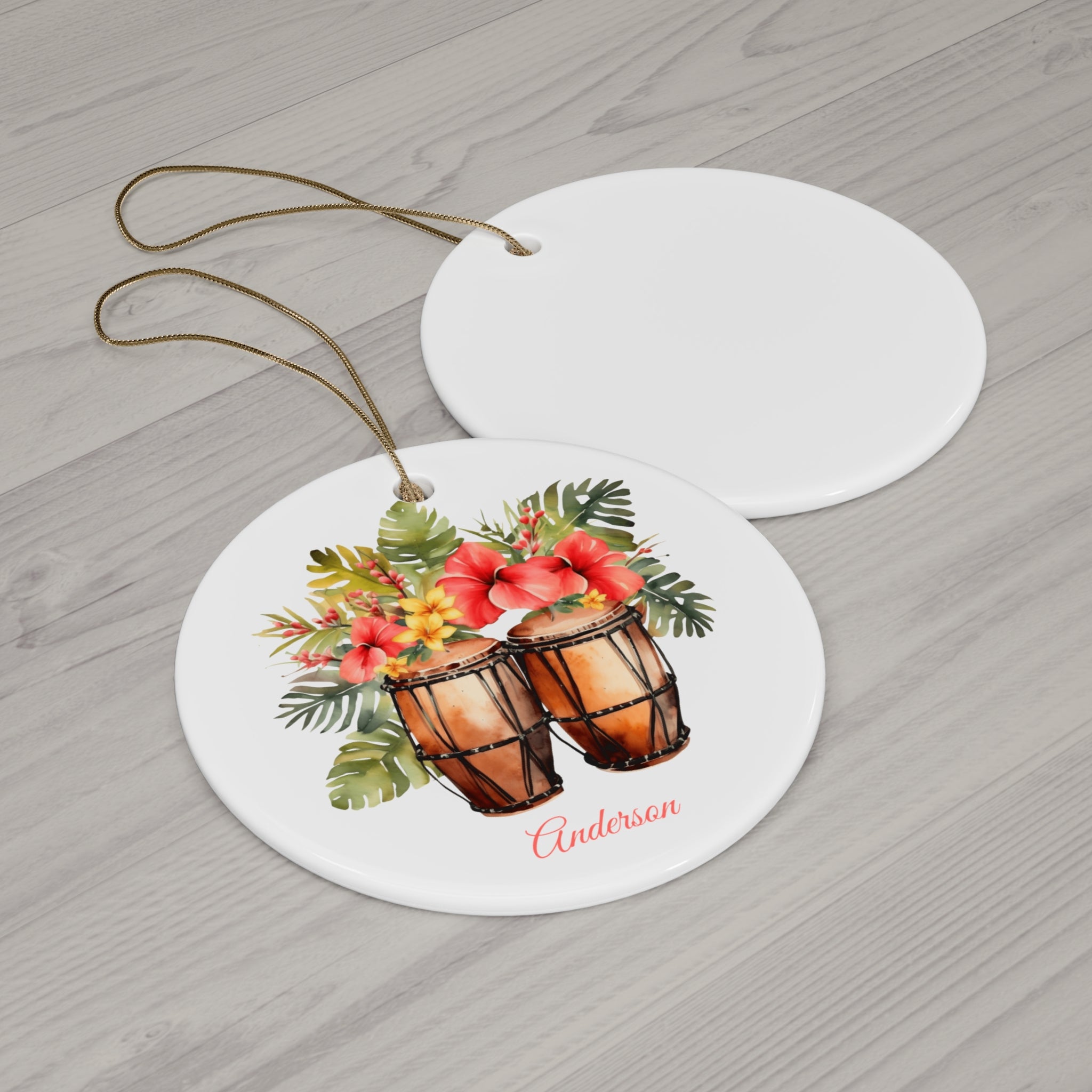 Personalized Bongo Drum Ornament – Custom Name Ceramic Christmas Tree Decoration, Music Lover Gift for Drummer or Percussionist