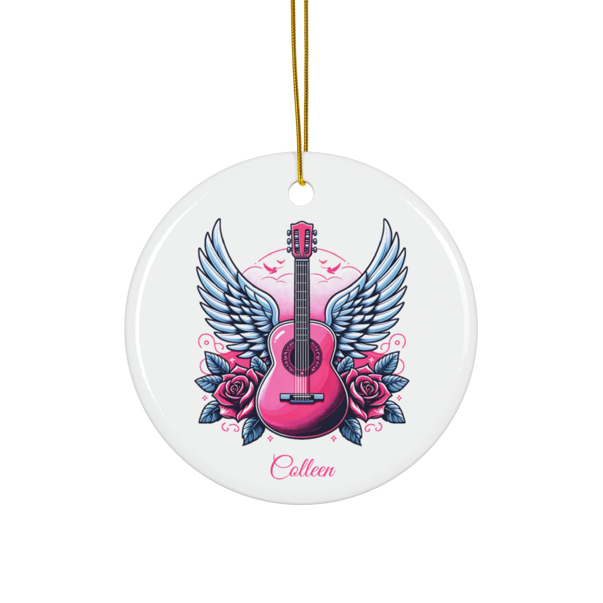 Personalized Pink Guitar Ornament with Wings & Roses – Custom Name 3" Ceramic Christmas Tree Decoration, Music Lover or Guitarist Gift