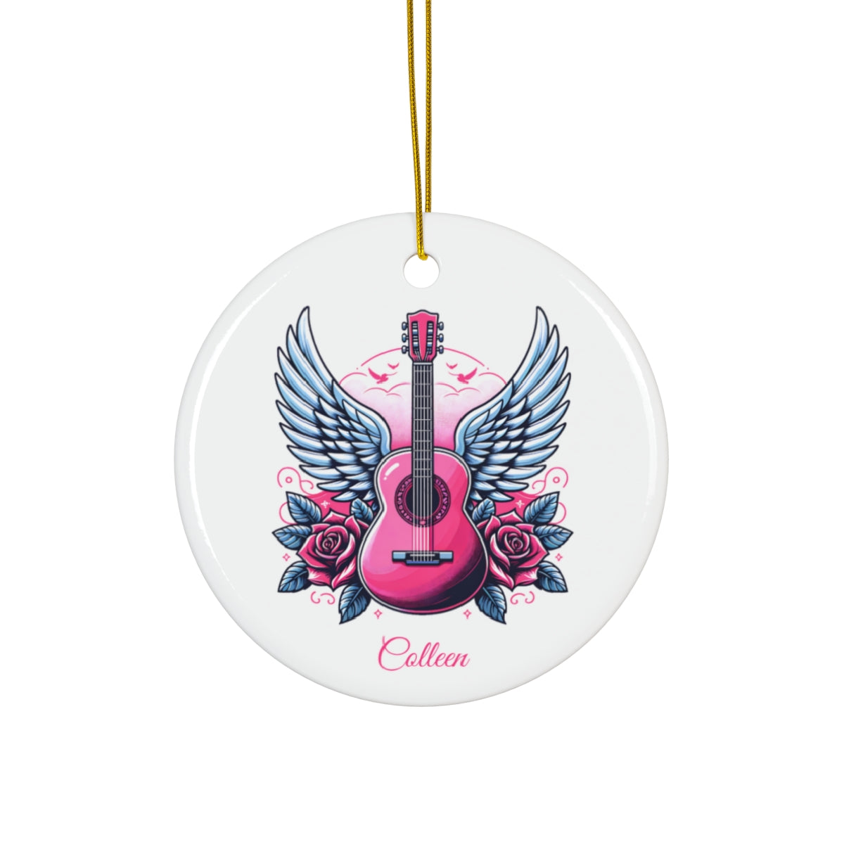 Personalized Pink Guitar Ornament with Wings & Roses – Custom Name 3" Ceramic Christmas Tree Decoration, Music Lover or Guitarist Gift